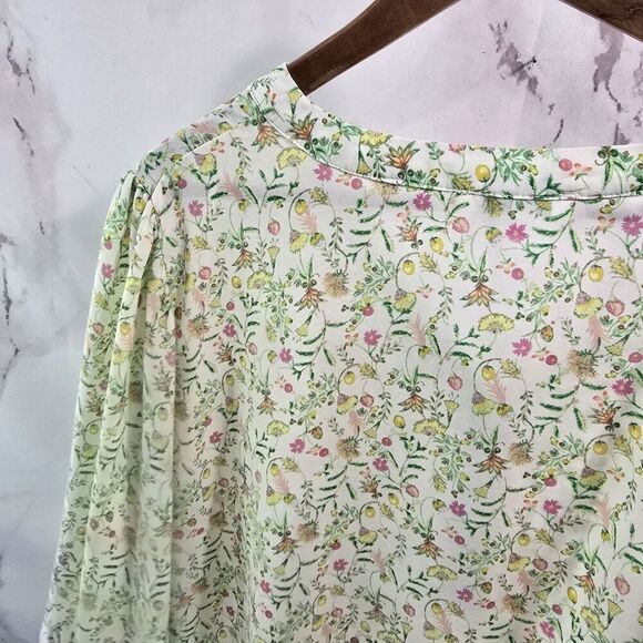 Rose + Olive Shirt Womens 1X White Green Pink Blouse Popover Flowy Ditzy Floral - Picture 6 of 12
